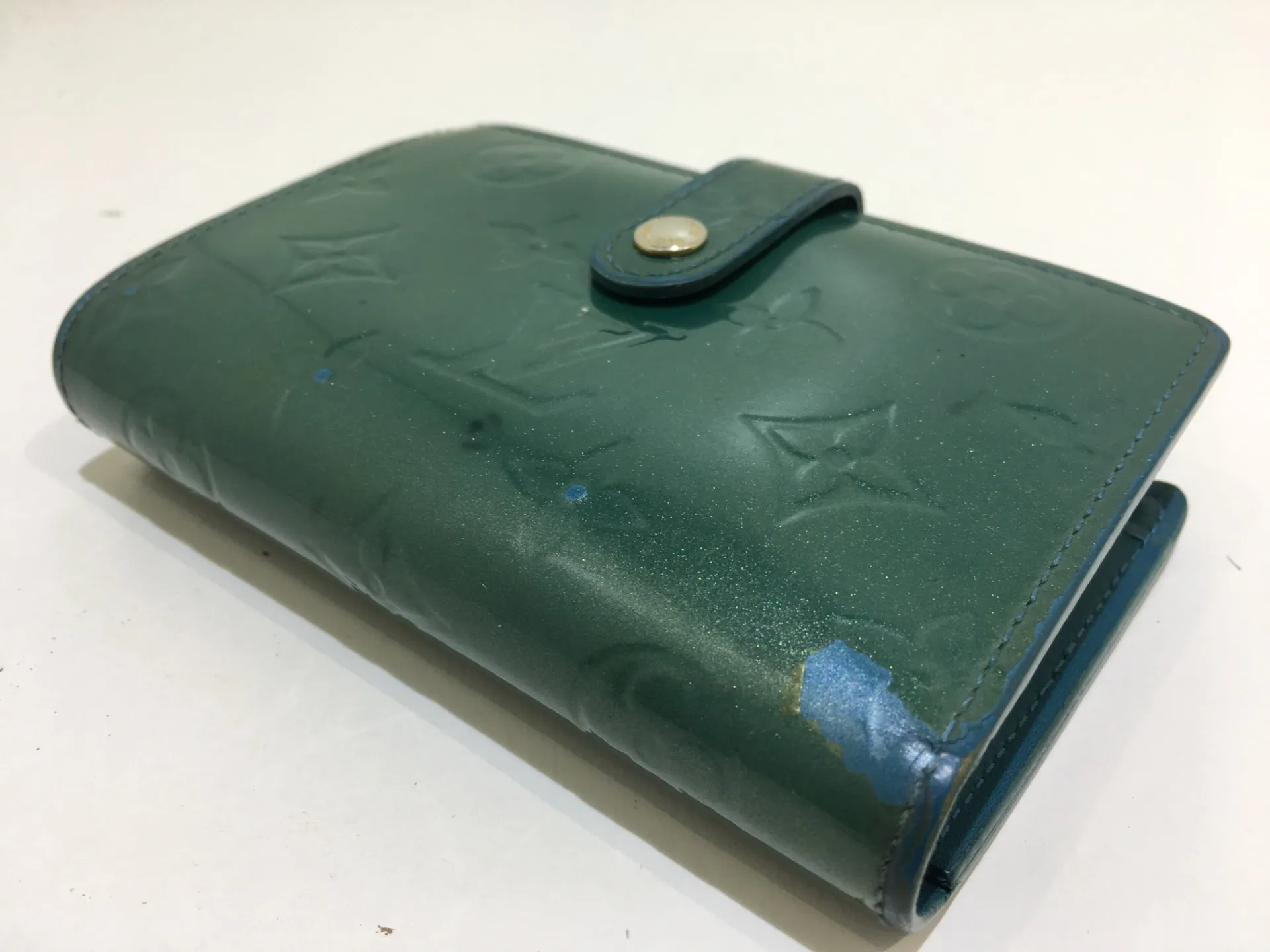 がま口財布　ターコイズブルー　リペア前